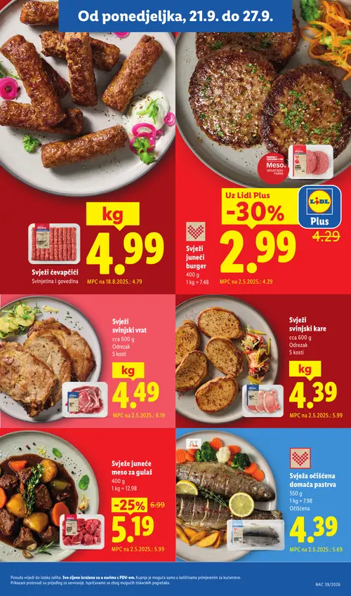 Lidl katalog — stranica 5: Svježi juneći burger, Svježi svinjski vrat, Svježi svinjski kare, Svježa očišćena domaća pastrva (vrijedi 21. 09. 2026.–27. 09. 2026.)