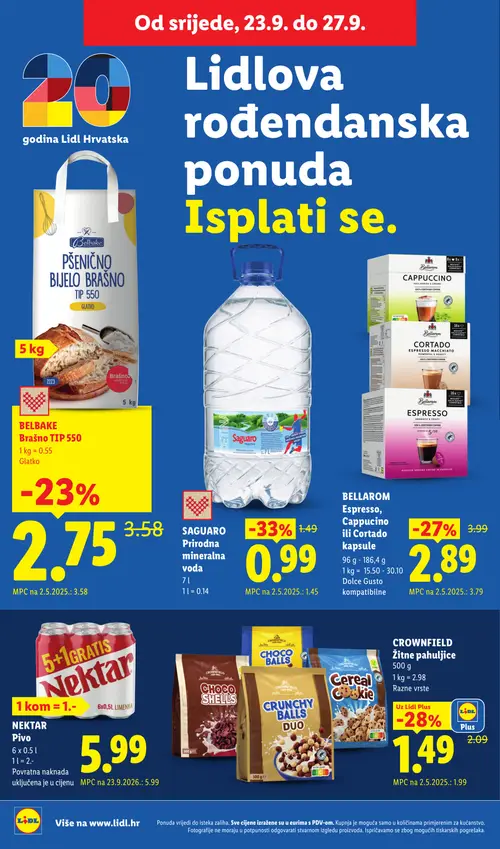 Lidl katalog — stranica 50: SAGUARO Prirodna mineralna voda, BELLAROM Espresso, Cappucino ili Cortado kapsule, CROWNFIELD Žitne pahuljice, BELBAKE Pšenično bijelo brašno TIP 550 (vrijedi 21. 09. 2026.–27. 09. 2026.)