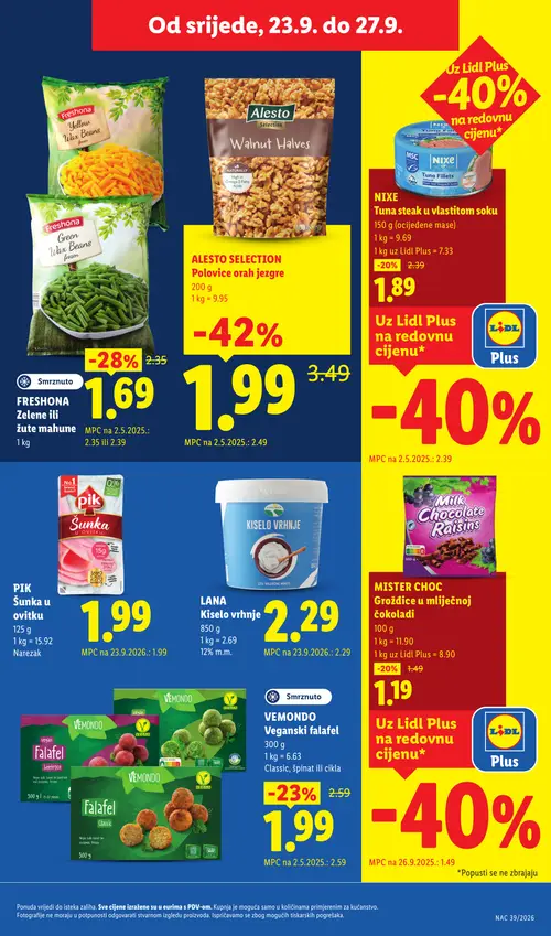 Lidl katalog — stranica 51: ALESTO SELECTION Polovice orah jezgre, FRESHONA Zelene ili žute mahune, VEMONDON Veganski falafel, VEMONDON Falafel (vrijedi 21. 09. 2026.–27. 09. 2026.)
