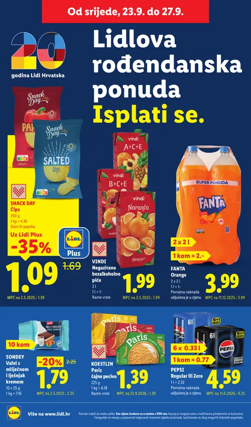 Lidl katalog — stranica 52: SNACK DAY Čips slani ili paprika, SONDEY Vafel s mlijecnom i lješnjak kremom (vrijedi 21. 09. 2026.–27. 09. 2026.)