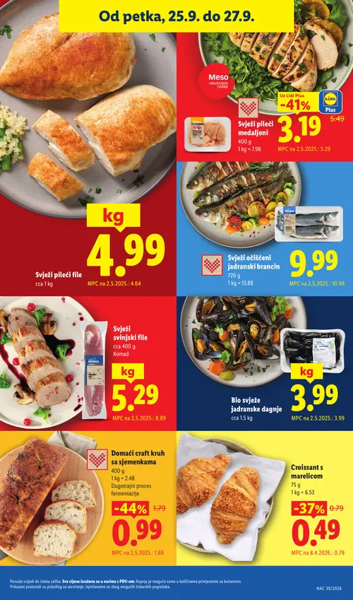 Lidl katalog — stranica 55: Domaći craft kruh sa sjemenkama, Svježi pileći medaglioni, MESNICA Svježi svinjski file, Croissant s marelicom (vrijedi 21. 09. 2026.–27. 09. 2026.)