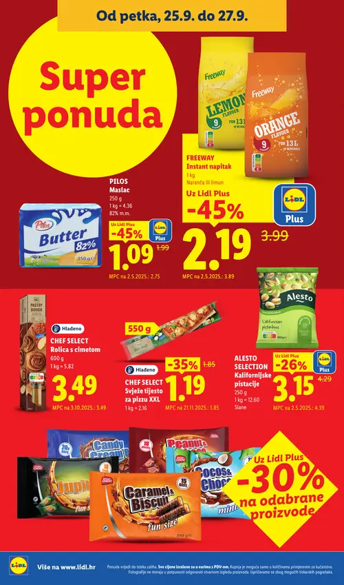 Lidl katalog — stranica 56: Pilos Maslac, Freeway Instant napitak, CHEF SELECT Svježe tijesto za pizzu XXL, ALESTO SELECTION Kalifornijske pistacije (vrijedi 21. 09. 2026.–27. 09. 2026.)