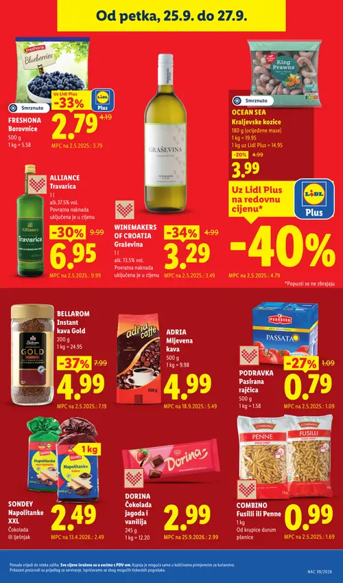 Lidl katalog — stranica 57: COMBINO Fusilli ili Penne, BELLAROM Instant kava Gold, WINEMAKERS OF CROATIA Graševina, FRESHONA Borovnice (vrijedi 21. 09. 2026.–27. 09. 2026.)
