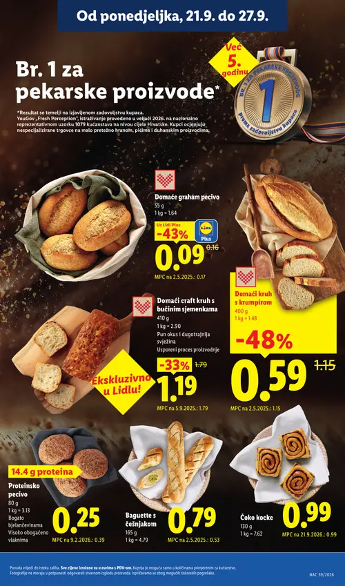 Lidl katalog — stranica 7: Domaći kruh s krumpirom, Domaće graham pecivo, Proteinsko pecivo, Domaći craft kruh s bučinim sjemenkama (vrijedi 21. 09. 2026.–27. 09. 2026.)