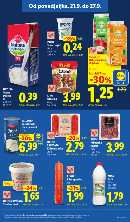 Lidl katalog — stranica 9: Pilos Tekući jogurt 2.8% m.m., PIKOK Pileća posebna, Socevita SOLEVITA Nektar naranča ili jabuka, OKUSI ZAVIČAJA Kulenova seka (vrijedi 21. 09. 2026.–27. 09. 2026.)