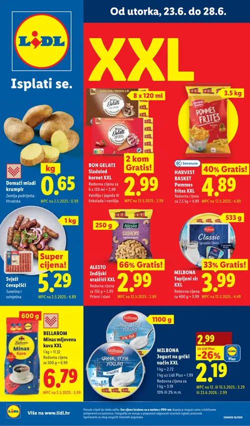 Lidl katalog — stranica 1: Domaći mladi krumpir, MILBONA MILBONA Jogurt na grčki način XXL, MILBONA MILBONA Topljeni sir XXL (vrijedi 23. 06. 2026.–28. 06. 2026.)