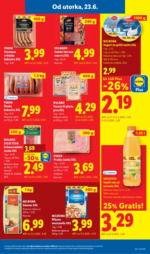 Lidl katalog — stranica 11: MILBONA MILBONA Ribana mozzarella XXL, MILBONA MILBONA Jogurt na grčki način XXL, MILBONA MILBONA Edamer XXL, DULANO DULANO Pureća ili pileća prsa XXL (vrijedi 23. 06. 2026.–28. 06. 2026.)