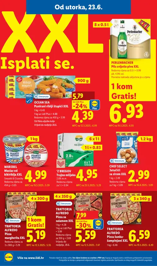 Lidl katalog — stranica 12: TRATTORIA ALFREDO TRATTORIA ALFREDO Pizza sa salamom XXL, OCEAN SEA OCEAN SEA Panirani riblji štapići XXL (vrijedi 23. 06. 2026.–28. 06. 2026.)