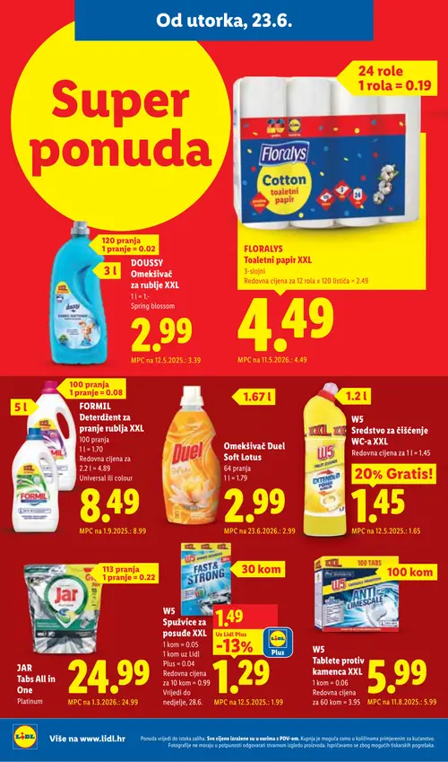Lidl katalog — stranica 18: W5 Spužvice za posuđe XXL, W5 Sredstvo za čišćenje WC-a XXL, Doussy Doussy Omekšivač za rublje XXL Spring blossom, Formil Formil Deterdžent za pranje rublja XXL Universal ili colour (vrijedi 23. 06. 2026.–28. 06. 2026.)