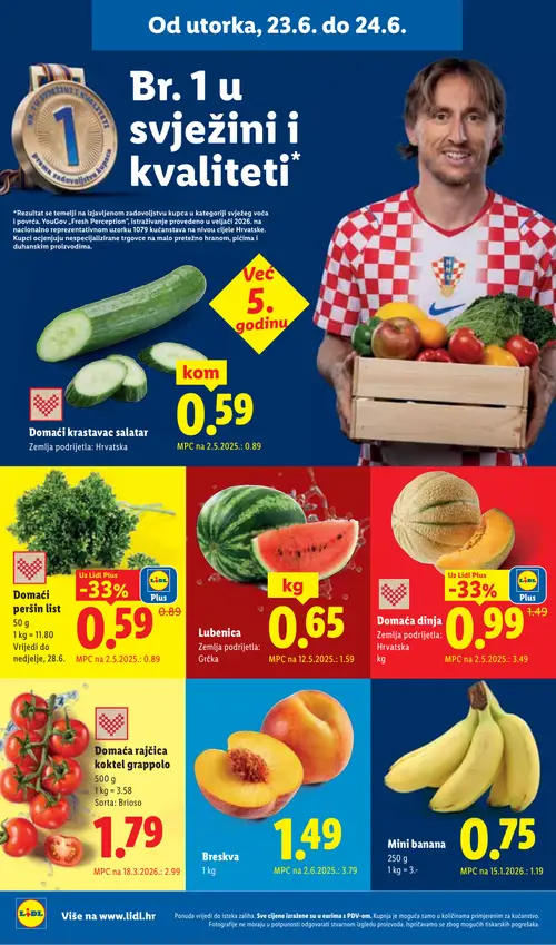 Lidl katalog — stranica 2: Breskva, Lubeni, Domaća rajčica koktel grappolo, Mini banana (vrijedi 23. 06. 2026.–28. 06. 2026.)