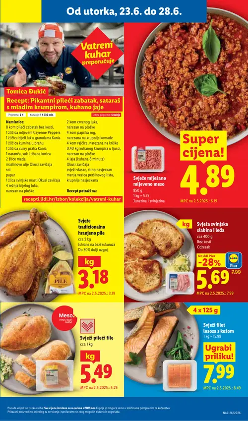 Lidl katalog — stranica 3: Lidl Plus Svježa svinjska slabina i leđa, Svježe mljeveno meso, Svježi filet lososa s kožom, Svježe tradicionalno hranjeno pile (vrijedi 23. 06. 2026.–28. 06. 2026.)