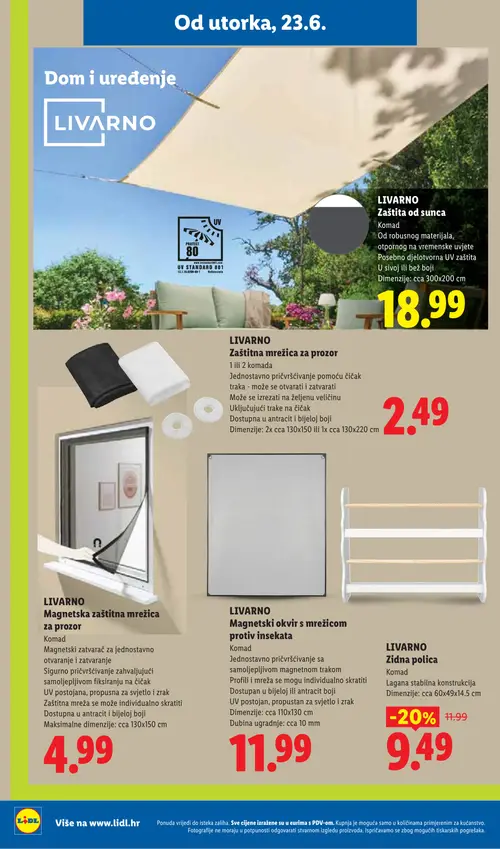 Lidl katalog — stranica 30: LIVARNO Zidna polica, LIVARNO Zaštita od sunca, LIVARNO Zaštitna mrežica za prozore, LIVARNO Magnetska zaštitna mrežica za prozor (vrijedi 23. 06. 2026.–28. 06. 2026.)