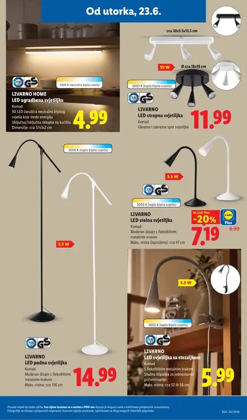 Lidl katalog — stranica 31: Lidl Plus LIVARNO LED stolna svjetiljka, LIVARNO HOME LED ugradbena svjetiljka, LIVARNO LED stropna svjetiljka, LIVARNO LED podna svjetiljka (vrijedi 23. 06. 2026.–28. 06. 2026.)