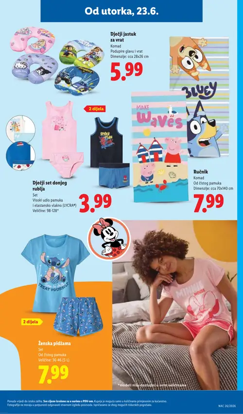 Lidl katalog — stranica 33: Dječji jastuk za vrat, Dječji set donjeg rublja, Ručnik, Ženska pidžama (vrijedi 23. 06. 2026.–28. 06. 2026.)
