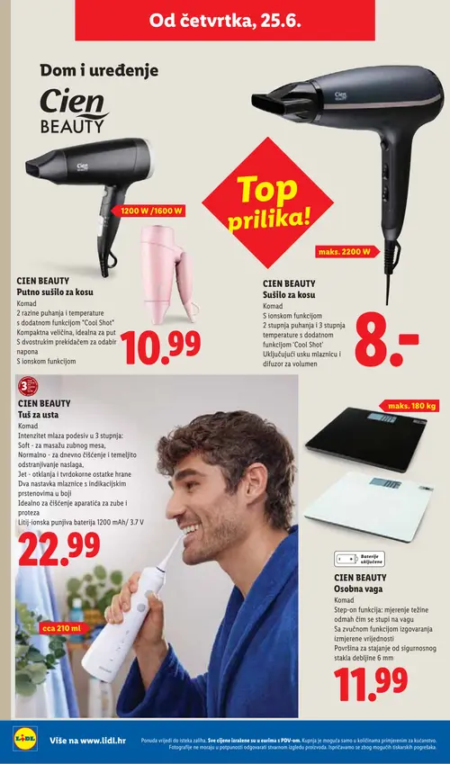 Lidl katalog — stranica 44: CIEN BEAUTY CIEN BEAUTY Putno sušilo za kosu, CIEN BEAUTY CIEN BEAUTY Sušilo za kosu, CIEN BEAUTY CIEN BEAUTY Tuš za usta, CIEN BEAUTY CIEN BEAUTY Osobna vaga (vrijedi 23. 06. 2026.–28. 06. 2026.)