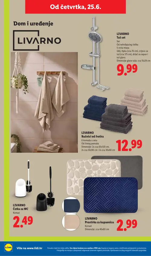 Lidl katalog — stranica 46: LIVARNO Tuš set, LIVARNO Ručnici od frotira, LIVARNO Četka za WC, LIVARNO Prostirka za kupaonicu (vrijedi 23. 06. 2026.–28. 06. 2026.)