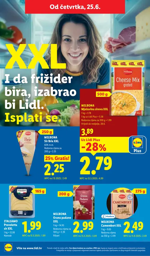 Lidl katalog — stranica 52: Milbona MILBONA, MILBONA MILBONA Camembert XXL, Milbona MILBONA Sir Brie XXL, MILBONA MILBONA Grana padano XXL (vrijedi 23. 06. 2026.–28. 06. 2026.)