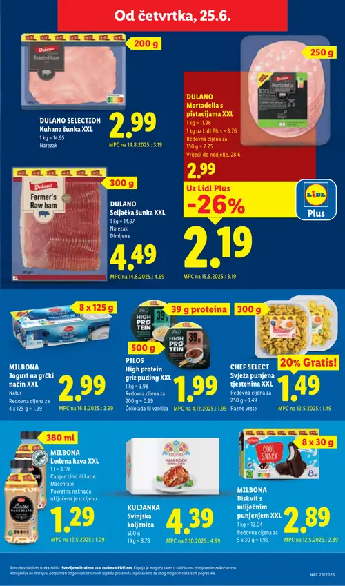Lidl katalog — stranica 53: KULJANKA KULJANKA Svinjska koljenica, DULANO DULANO SELECTION Kuhana šunka XXL, DULANO DULANO Seljačka šunka XXL, DULANO DULANO Mortadella s pistacijama XXL (vrijedi 23. 06. 2026.–28. 06. 2026.)