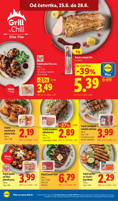 Lidl katalog — stranica 54: Svježi svinjski file, Svježi griller sa sirom i paprikom, Svježa punjena pljeskavica, Svježi začinjeni ražnjići od buta (vrijedi 23. 06. 2026.–28. 06. 2026.)