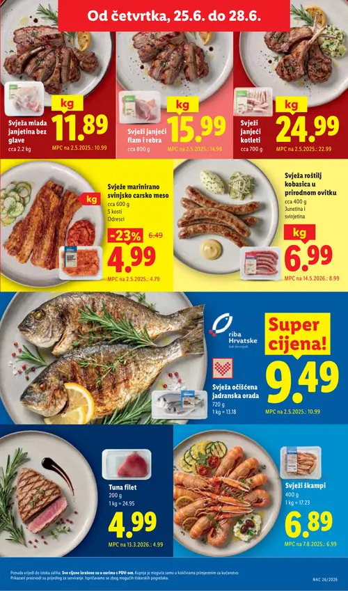 Lidl katalog — stranica 55: Svježe marinirano svinjsko carsko meso, Svježa roštilj kobasica u prirodnom ovitku, riba Hrvatske Svježa očišćena jadranska orada, Svježi škampi (vrijedi 23. 06. 2026.–28. 06. 2026.)