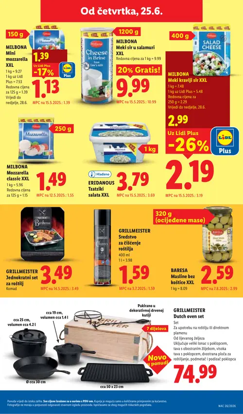 Lidl katalog — stranica 57: MILBONA MILBONA Meki kravlji sir XXL, MILBONA MILBONA Mini mozzarella XXL, BARESA BARESA Masline bez koštice XXL, MILBONA MILBONA Mozzarella classic XXL (vrijedi 23. 06. 2026.–28. 06. 2026.)