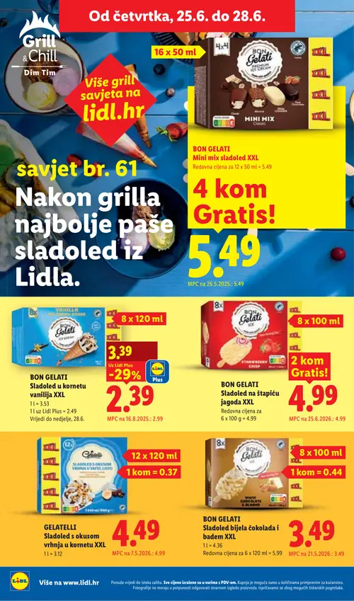 Lidl katalog — stranica 60: BON GELATI BON GELATI Sladoled u kornetu vanilija XXL, BON GELATI BON GELATI Sladoled bijela čokolada i badem XXL (vrijedi 23. 06. 2026.–28. 06. 2026.)