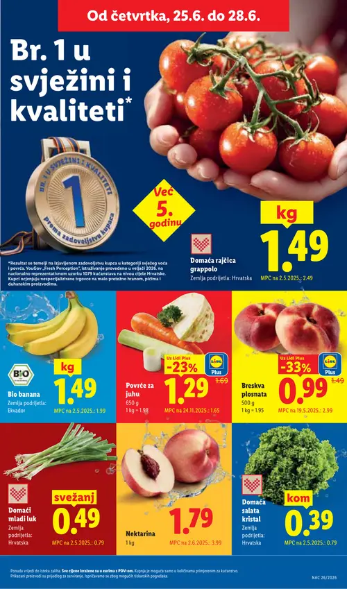 Lidl katalog — stranica 61: Lidl Plus Breskva plosnata, Nektarina, Domaća salata kristal, Rajčica (vrijedi 23. 06. 2026.–28. 06. 2026.)