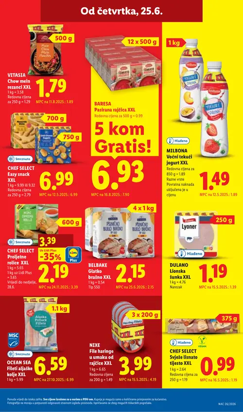 Lidl katalog — stranica 63: CHEF SELECT CHEF SELECT Ljetne rolice XXL, MILBONA MILBONA Voćni tekući jogurt XXL, CHEF SELECT CHEF SELECT Svježe lisnato tijesto XXL, DULANO DULANO Lionska šunka XXL Narezak (vrijedi 23. 06. 2026.–28. 06. 2026.)