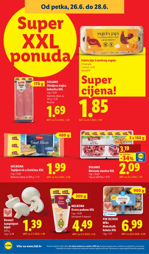 Lidl katalog — stranica 68: DULANO DULANO Mesnata slanina XXL, MILBONA MILBONA Topljeni sir u listićima XXL, Domaći šampinjoni bijeli, DULANO DULANO Dimljena trajna kobasica XXL (vrijedi 23. 06. 2026.–28. 06. 2026.)