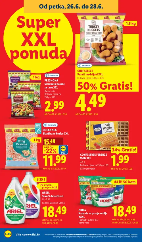 Lidl katalog — stranica 70: OCEAN SEA OCEAN SEA Blanširane kozice XXL, ARIEL Tekući deterdžent, ARIEL Kapsule za pranje rublja XXL (vrijedi 23. 06. 2026.–28. 06. 2026.)