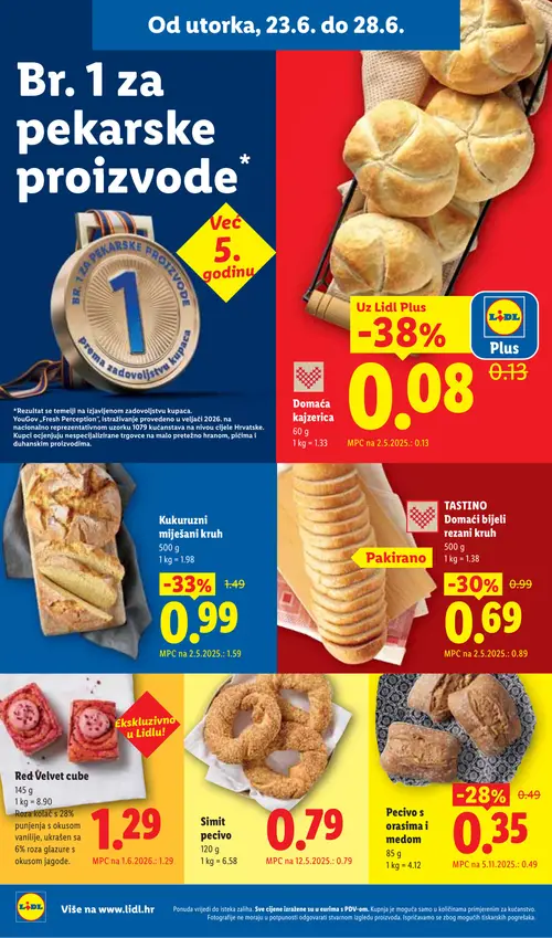 Lidl katalog — stranica 8: Domaća kajzerica, Kukuruzni miješani kruh, TASTINO TASTINO Domaći bijeli rezani kruh, Pecivo s orasima i medom (vrijedi 23. 06. 2026.–28. 06. 2026.)
