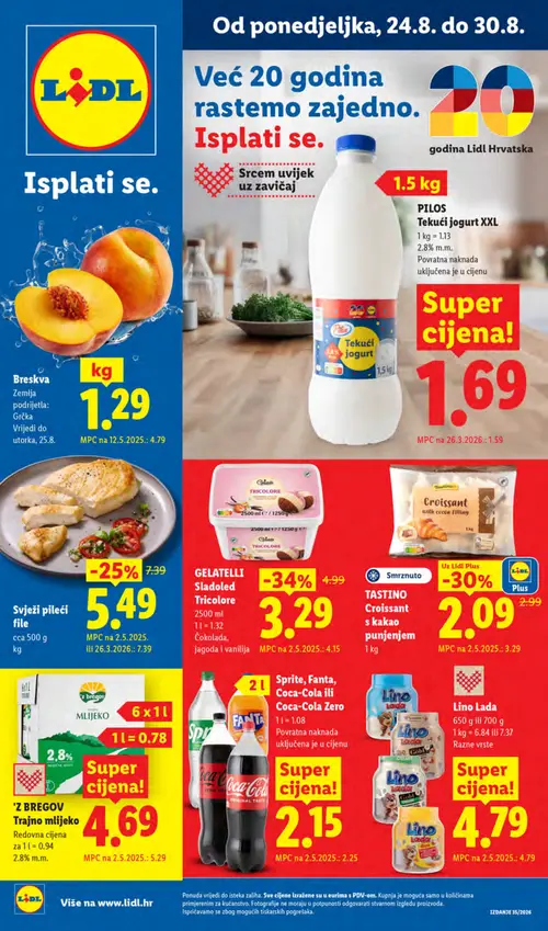Lidl katalog — stranica 1: Breskva, TASTINO TASTINO Croissant s kakao punjenjem, Svježi pileći file, GELATELLI GELATELLI Sladoled Tricolore (vrijedi 24. 08. 2026.–30. 08. 2026.)