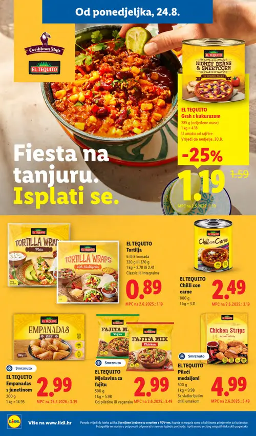 Lidl katalog — stranica 10: EL TEQUITO EL TEQUITO Tortilja, EL TEQUITO EL TEQUITO Chilli con carne, EL TEQUITO EL TEQUITO Grah s kukuruzom, EL TEQUITO EL TEQUITO Mješavina za fajitu (vrijedi 24. 08. 2026.–30. 08. 2026.)