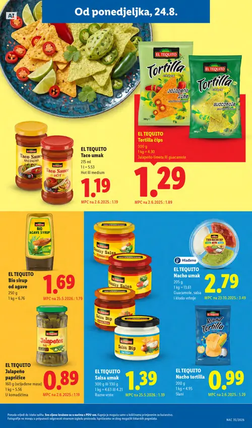 Lidl katalog — stranica 11: EL TEQUITO Jalapeño papričice, EL TEQUITO Nacho tortilla SLANI, EL TEQUITO Trio Nacho dip (Salsa, guacamole, kiselo vrhnje), EL TEQUITO Bio sirup od agave (vrijedi 24. 08. 2026.–30. 08. 2026.)