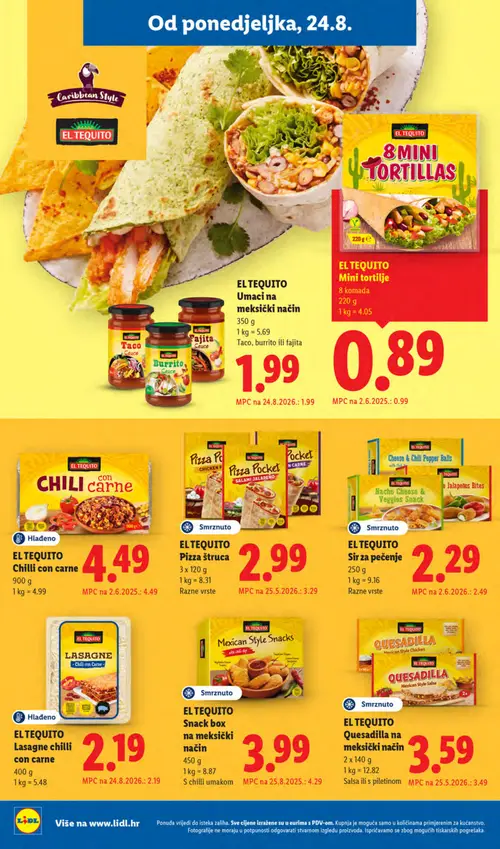 Lidl katalog — stranica 12: EL TEQUITO EL TEQUITO Mini tortilje, EL TEQUITO EL TEQUITO Pizza štruca, EL TEQUITO EL TEQUITO Sir za pečenje, EL TEQUITO EL TEQUITO Snack box na meksički način (vrijedi 24. 08. 2026.–30. 08. 2026.)