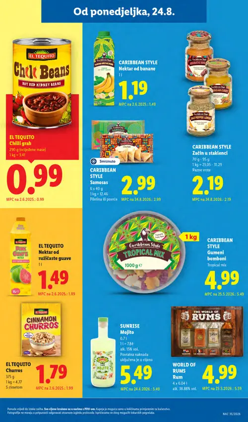 Lidl katalog — stranica 13: EL TEQUITO EL TEQUITO Nektar od ružičaste guave, CARIBBEAN STYLE CARIBBEAN STYLE Nectar od banane, WORLD OF RUMS WORLD OF RUMS Rum, EL TEQUITO EL TEQUITO Churros (vrijedi 24. 08. 2026.–30. 08. 2026.)