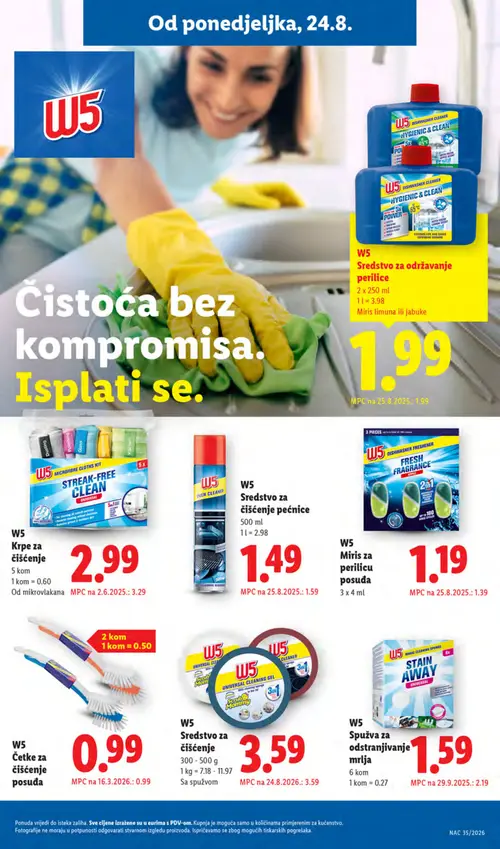 Lidl katalog — stranica 15: W5 W5 Spužva za odstranjivanje mrlja, W5 W5 Miris za perilicu posuđa, W5 W5 Krpe za čišćenje, W5 W5 Sredstvo za čišćenje pećnice (vrijedi 24. 08. 2026.–30. 08. 2026.)