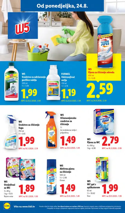 Lidl katalog — stranica 16: FORMIL Odstranjivač mrlja, W5 Sredstvo za čišćenje suga, W5 Pjena za WC, W5 Osvježivač za WC (vrijedi 24. 08. 2026.–30. 08. 2026.)
