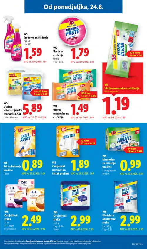 Lidl katalog — stranica 17: W5 Vlažne maramice za čišćenje, W5 Osvježivač zraka, W5 Zamjenski nastavci za čistač prašine (vrijedi 24. 08. 2026.–30. 08. 2026.)