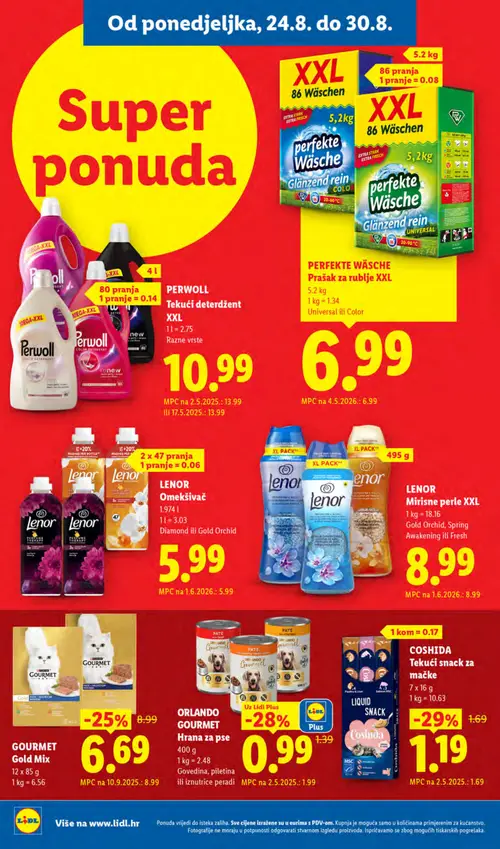 Lidl katalog — stranica 18: ORLANDO GOURMET ORLANDO GOURMET Hrana za pse, COSHIDA COSHIDA Tekući snack za mačke, GOURMET GOURMET Gold Mix, PERWOLL PERWOLL Tekući deterdžent XXL (vrijedi 24. 08. 2026.–30. 08. 2026.)