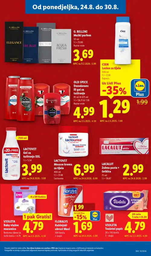Lidl katalog — stranica 19: FLORALYS FLORALYS Kuhinjski ubrusi Maxi, CIEN CIEN Losion za tijelo, VIOLETA VIOLETA Toaletni papir (vrijedi 24. 08. 2026.–30. 08. 2026.)