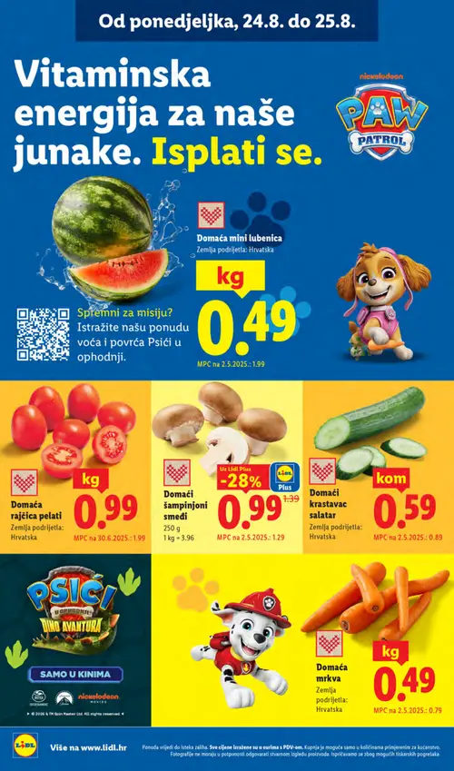 Lidl katalog — stranica 2: Domaća mini lubenica, Domaća rajčica pelati, Domaća mrkva, Domaći krastavac salatar (vrijedi 24. 08. 2026.–30. 08. 2026.)