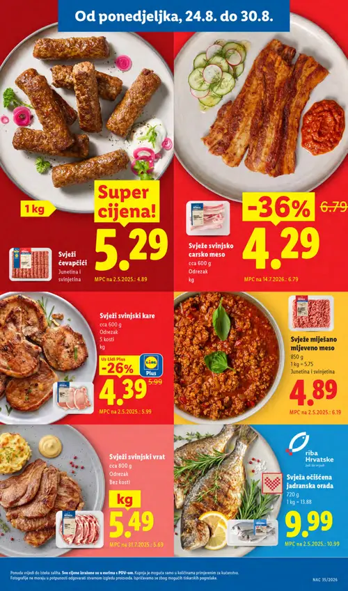 Lidl katalog — stranica 3: Svinjsko carsko meso, Lidl Plus Svinjski kare s kosti, Miješano mljeveno meso, Riba Hrvatske Svježa očišćena jadranska orada (vrijedi 24. 08. 2026.–30. 08. 2026.)