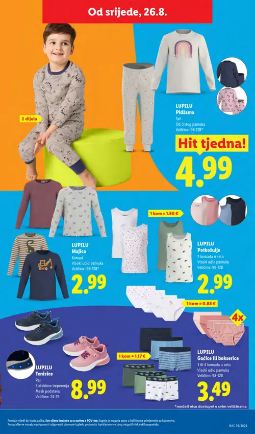 Lidl katalog — stranica 31: LUPILU LUPILU Potkošulje, LUPILU LUPILU Dječja pidžama, LUPILU LUPILU Gaćice ili bokserice, LUPILU LUPILU Tenisice (vrijedi 24. 08. 2026.–30. 08. 2026.)