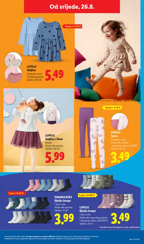 Lidl katalog — stranica 33: LUPILU LUPILU Haljine, 2 komada u setu, LUPILU LUPILU Haljina s tilom, LUPILU LUPILU Tajice, 2 komada u setu, ESMARA KIDS ESMARA KIDS Dječje čarape, 7 pari u setu (vrijedi 24. 08. 2026.–30. 08. 2026.)