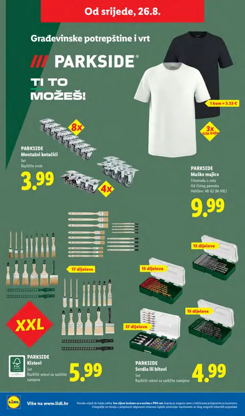 Lidl katalog — stranica 36: PARKSIDE Muške majice, PARKSIDE Montažni kotačići, PARKSIDE Kistovi, PARKSIDE Svrdla ili bitovi (vrijedi 24. 08. 2026.–30. 08. 2026.)