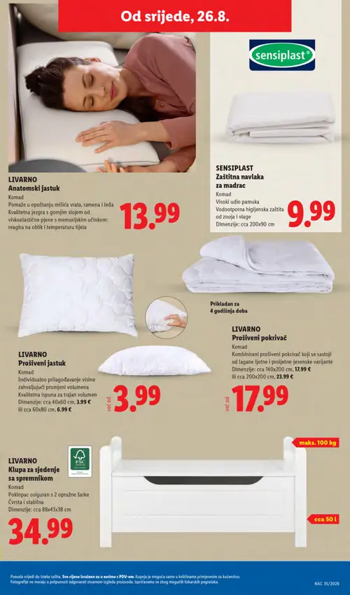 Lidl katalog — stranica 39: LIVARNO Anatomski jastuk, SENSIPLAST Zaštitna navlaka za madrac, LIVARNO Prošiveni jastuk, LIVARNO Prošiveni pokrivač (vrijedi 24. 08. 2026.–30. 08. 2026.)