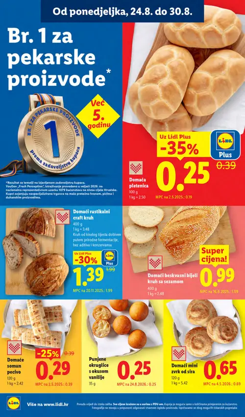 Lidl katalog — stranica 4: Domaća pletenica, Domači rustikalni crni kruh, Domaće somun pecivo, Domači beskvasni bijeli kruh sa sezamom (vrijedi 24. 08. 2026.–30. 08. 2026.)