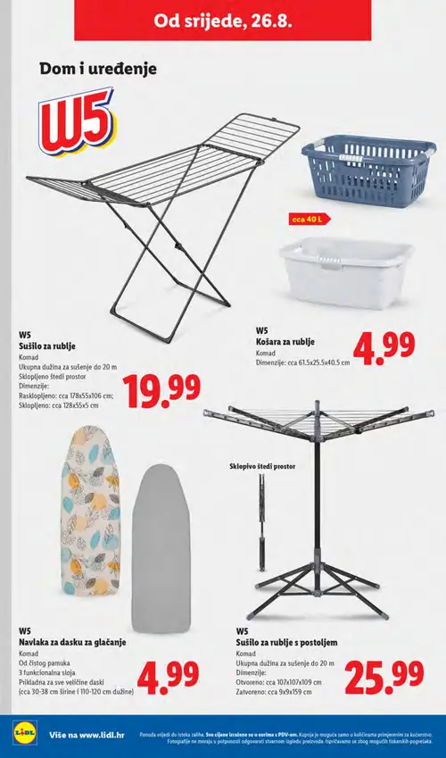 Lidl katalog — stranica 44: W5 Sušilo za rublje, W5 Košara za rublje, W5 Navlaka za dasku za glačanje, W5 Sušilo za rublje s postoljem (vrijedi 24. 08. 2026.–30. 08. 2026.)