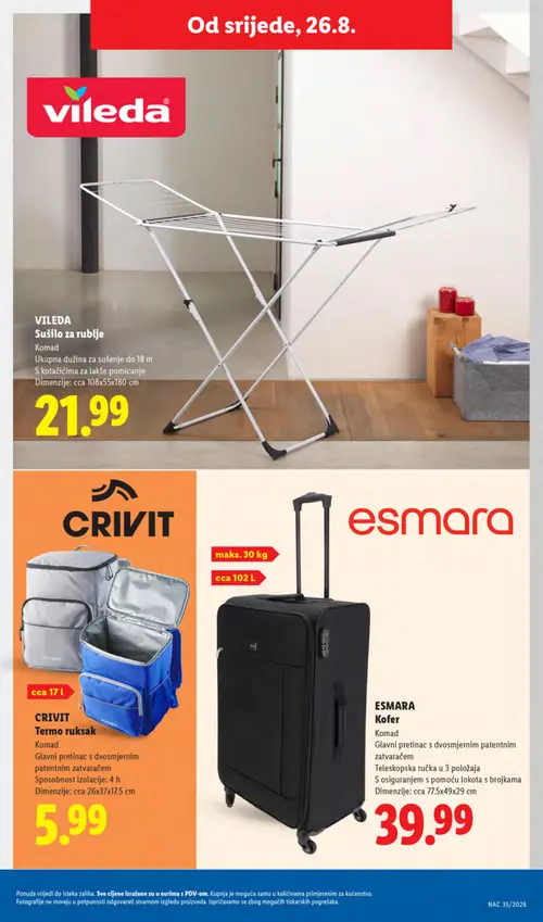 Lidl katalog — stranica 45: VILEDA Sušilo za rublje, CRIVIT Termo ruksak, ESMARA Kofer (vrijedi 24. 08. 2026.–30. 08. 2026.)